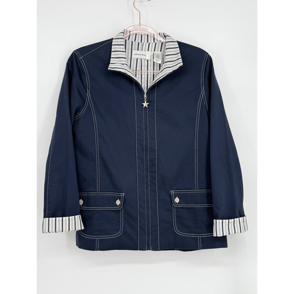 Alfred Dunner‎ Jacket Womens 8 Navy Blue Striped Collar Zip Up Pockets